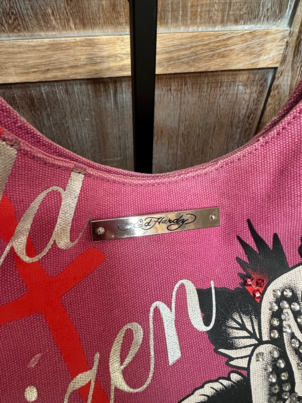 Ed Hardy Vintage Y2K World Citizen Pink Canvas Rhinestones Embroidered Purse - Picture 3 of 16